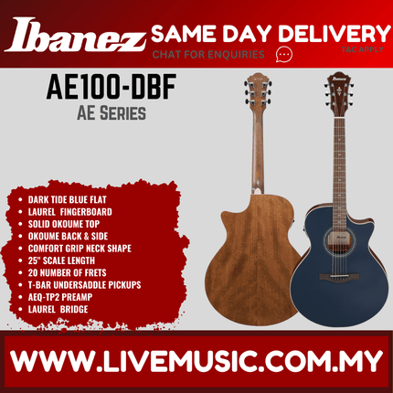 Ibanez AE100 AE Series Acoustic Electric Guitar -Dark Tide Blue Flat ( AE-100 / AE 100 )