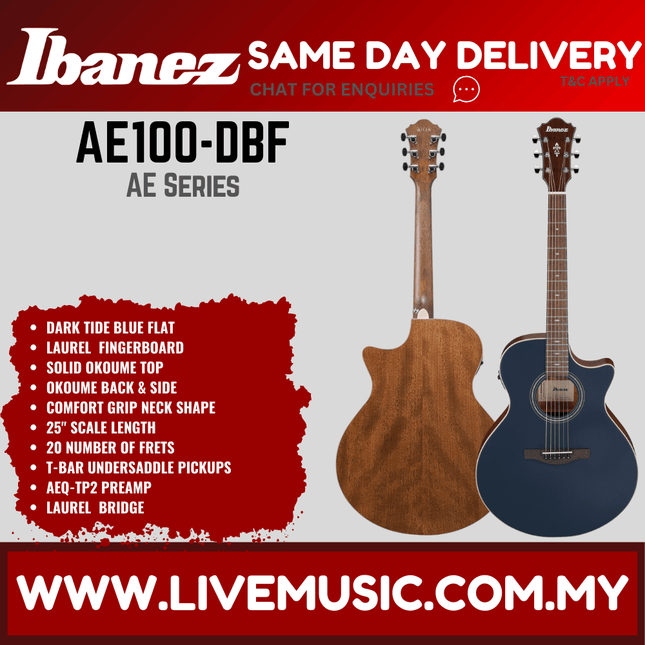Ibanez AE100 AE Series Acoustic Electric Guitar - Burgundy Flat / Dark Tide Blue Flat ( AE-100 / AE 100 )