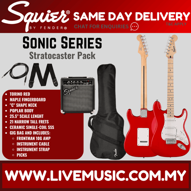 Squier Sonic Stratocaster Pack w/Gig Bag, Maple FB, Torino Red