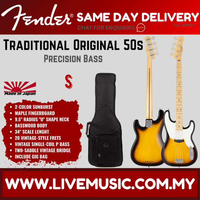 Fender Japan Traditional Original 50s Precision Bass Guitar, Maple FB, 2-Tone Sunburst