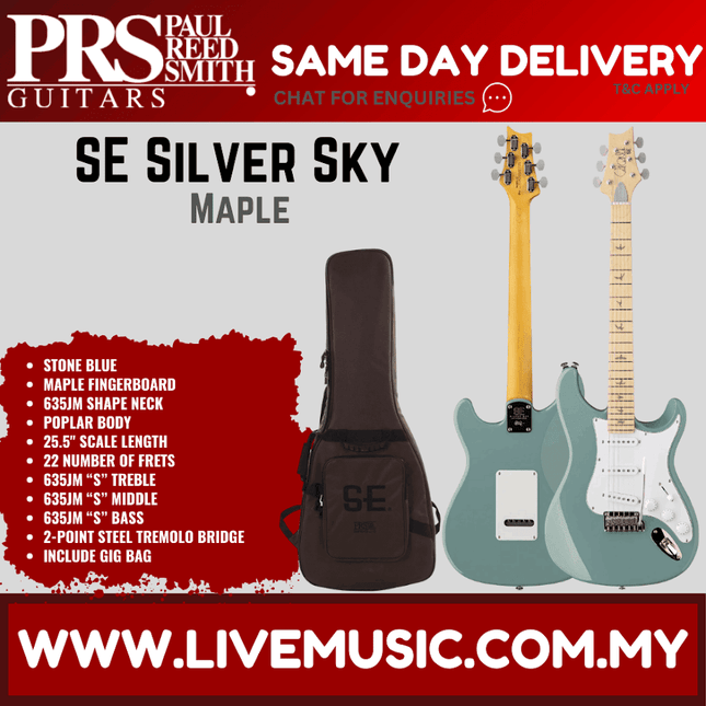 PRS SE Silver Sky Electric Guitar w/GigBag, Maple FB, Stone Blue