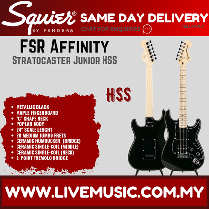 Squier FSR Affinity Series Stratocaster Junior HSS Electric Guitar, Maple FB, Metallic Black