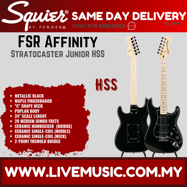 Squier FSR Affinity Series Stratocaster Junior HSS Electric Guitar, Maple FB, Metallic Black