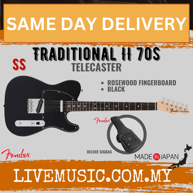 Fender Japan Traditional II 70s Telecaster Electric Guitar, Rosewood Fretboard - Black