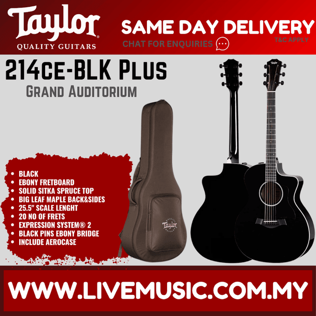 Taylor acoustic guitar with black body and brown padded gig bag