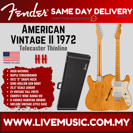 Fender American Vintage II 72 Telecaster Thinline Electric Guitar, Maple FB, Aged Natural