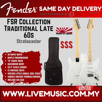 Fender FSR Collection Traditional Late 60s Stratocaster Guitar, Maple FB, Olympic White