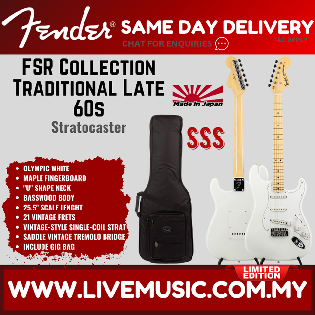 Fender FSR Collection Traditional Late 60s Stratocaster Guitar, Maple FB, Olympic White