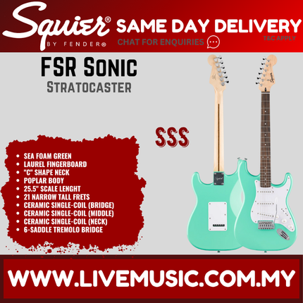 Squier FSR Sonic Stratocaster Electric Guitar w/White Pickguard, Laurel FB, Sea Foam Green
