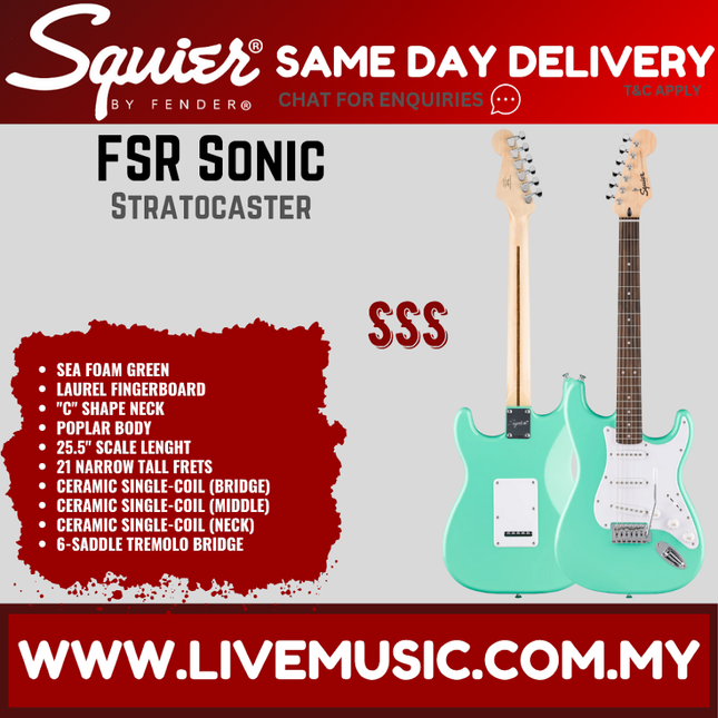 Squier FSR Sonic Stratocaster Electric Guitar w/White Pickguard, Laurel FB, Sea Foam Green