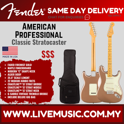 Fender American Professional Classic Stratocaster Electric Guitar, Maple FB, Faded Firemist Gold