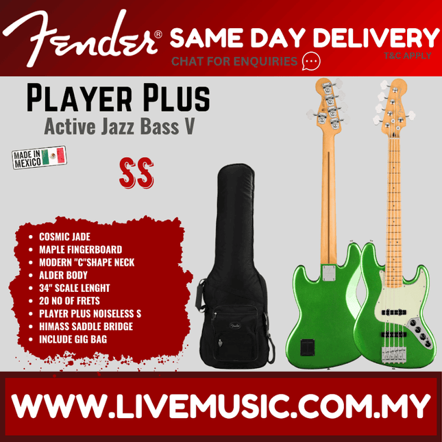 Fender Player Plus Jazz Bass V Guitar, Maple Fretboard - Cosmic Jade