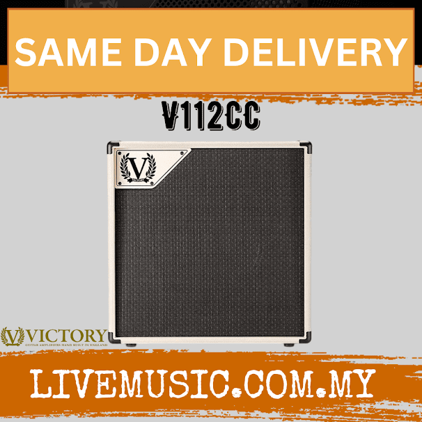 Black Victory V112CC 1x12 speaker cabinet with front grille and white corner trim