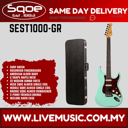 SQOE SEST1000 Stratocaster Custom HSS Electric Guitar w/Gig Bag, Rosewood FB - Surf Green ( SEST-1000 / SEST 1000 )
