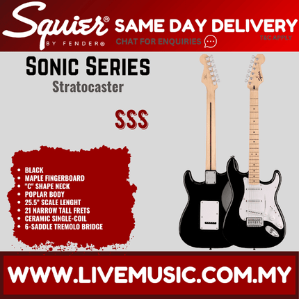 Squier Sonic Stratocaster Electric Guitar w/White Pickguard, Maple FB, Black