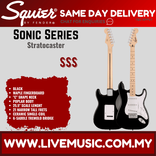 Squier Sonic Stratocaster Electric Guitar w/White Pickguard, Maple FB, Black