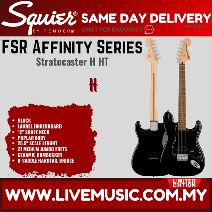 Squier FSR Affinity Series Stratocaster H HT Electric Guitar, Laurel FB, Black