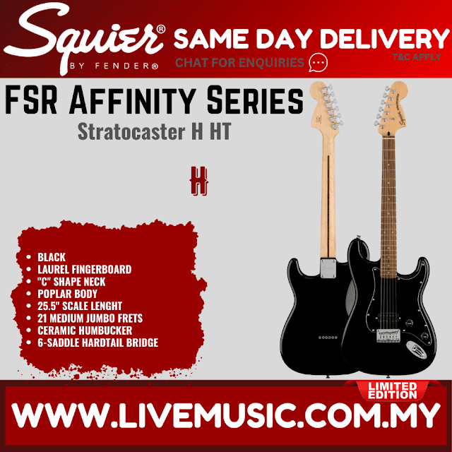 Squier FSR Affinity Series Stratocaster H HT Electric Guitar, Laurel FB, Black