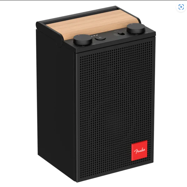 Black portable Bluetooth speaker with wood top handle and front speaker grille