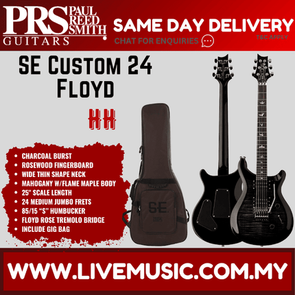 PRS SE Custom 24 Floyd Electric Guitar, Ebony Fretboard, Charcoal Burst