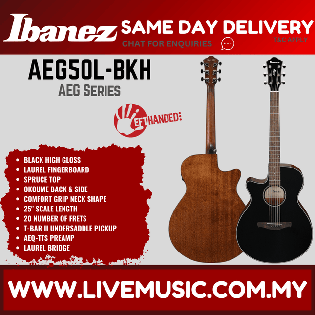 Ibanez AEG50L-BKH Left-handed Acoustic Electric Guitar - Black High Gloss ( AEG50L BKH / AEG50LBKH )