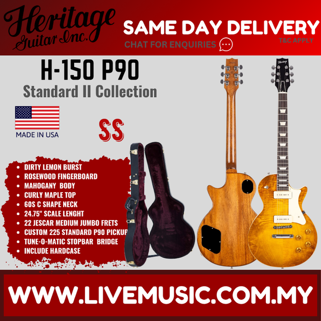 Heritage Standard II Collection H-150 P90 Electric Guitar with Case, Dirty Lemon Burst ( H150P90 / H 150 P90 )