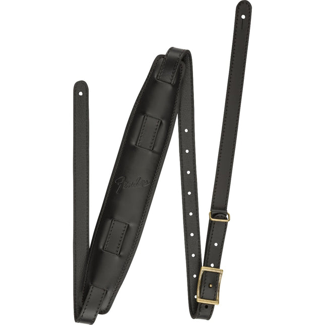 Black leather guitar strap with two end loops, stud holes, and gold adjustment buckle