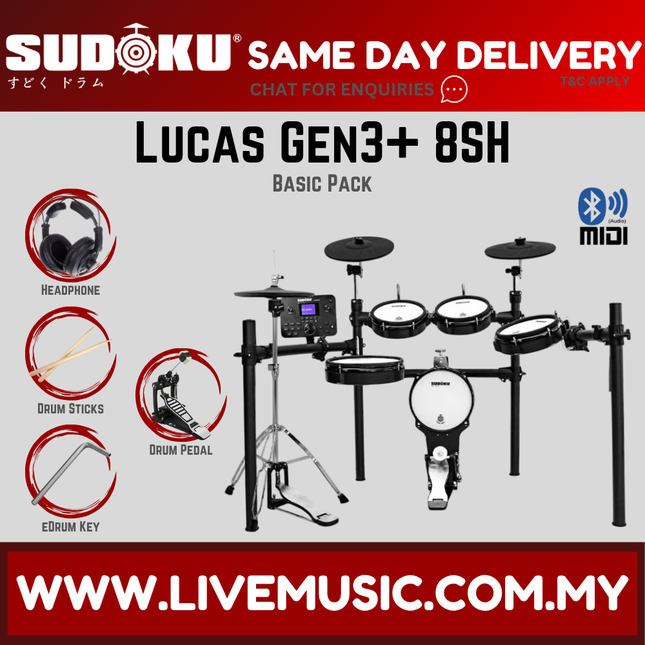 Electronic mesh drum set with control module, cymbals, and headphones with drumsticks