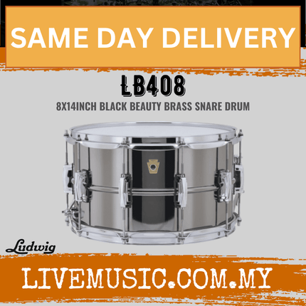 Ludwig LB408 8x14inch Black Beauty Brass Snare Drum, Smooth Shell, Imperial Lugs
