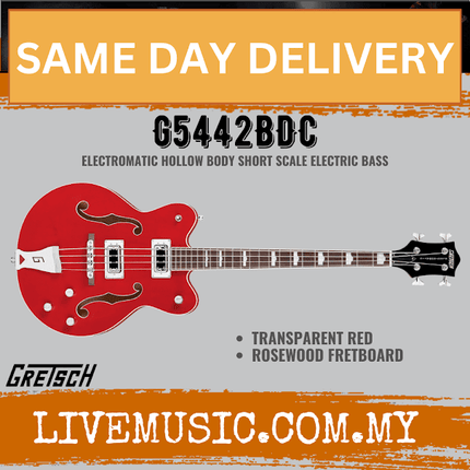 Gretsch G5442BDC Electromatic Hollow Body Short Scale Electric Bass, RW Neck, Transparent Red