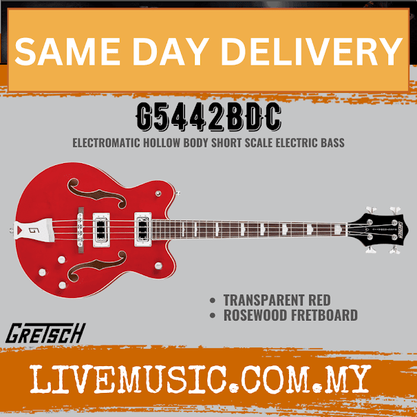 Gretsch G5442BDC Electromatic Hollow Body Short Scale Electric Bass, RW Neck, Transparent Red