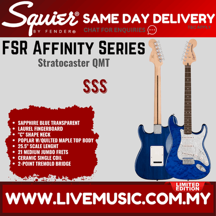 Squier FSR Affinity Series Stratocaster QMT Electric Guitar, Laurel FB, Sapphire Blue Transparent