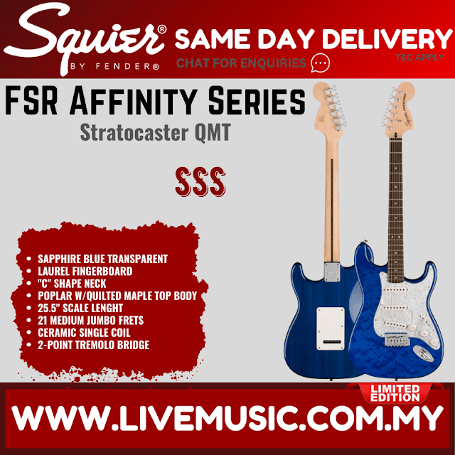 Squier FSR Affinity Series Stratocaster QMT Electric Guitar, Laurel FB, Sapphire Blue Transparent