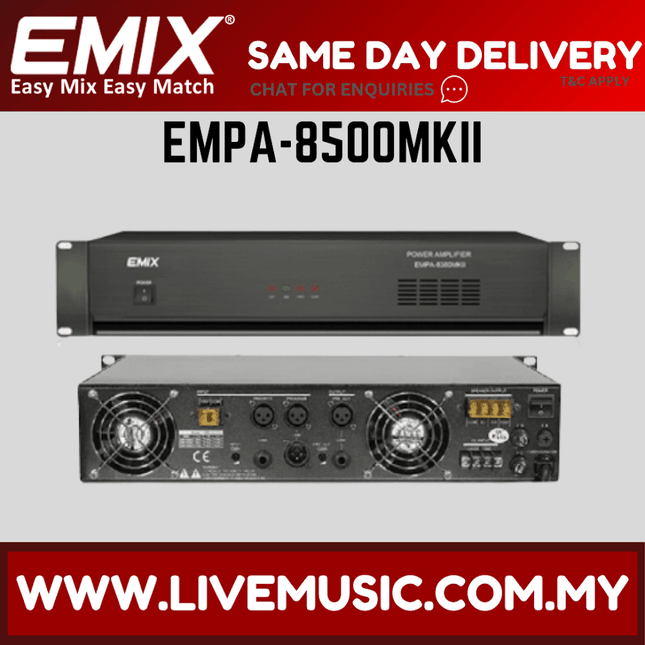 EMIX EMPA-8500MKII 500W line power amplifier, front and rear panels with controls