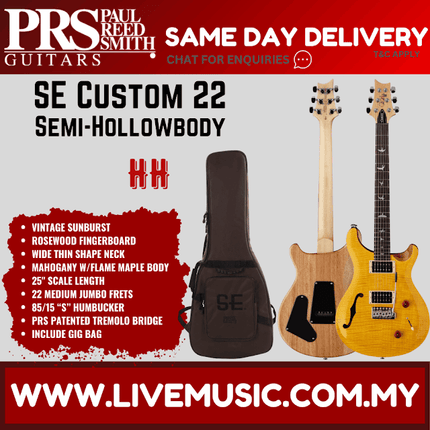 PRS SE Custom 22 Semi Hollow Electric Guitar with Bag - Santana Yellow