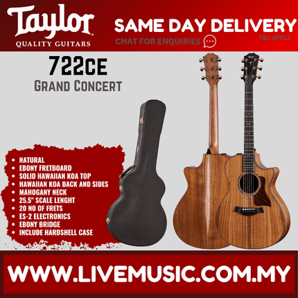Taylor 722ce Grand Concert V-Class Acoustic Guitar, Natural, Hawaiian Koa