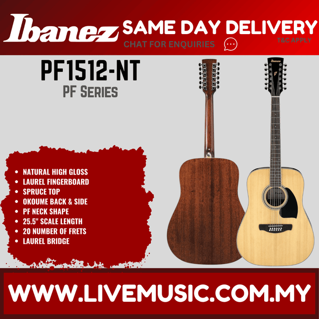 Ibanez Performance Series PF1512-NT Dreadnought 12-String Acoustic Guitar - Natural ( PF1512 NT / PF1512NT )