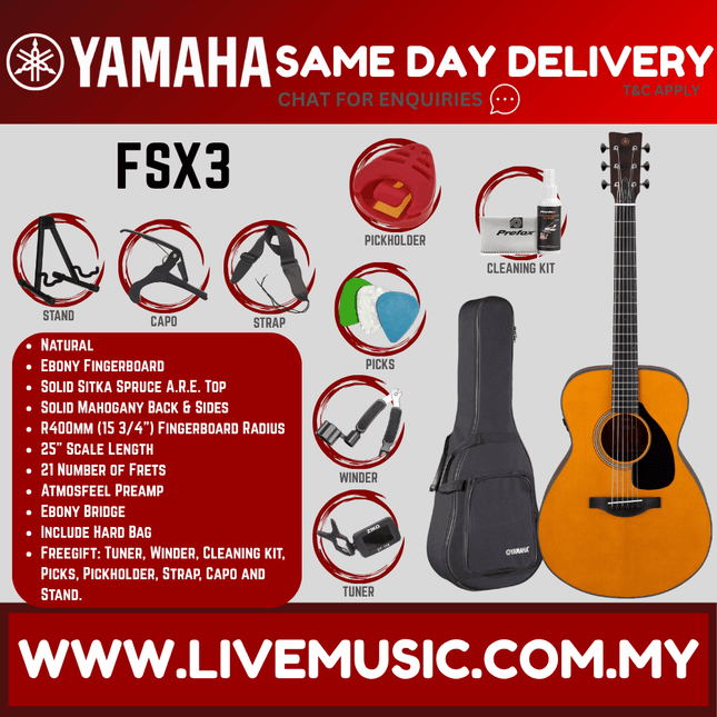 Yamaha Red Label FSX3 Acoustic-Electric Guitar with Hard Bag - Natural (FSX-3 FSX 3)