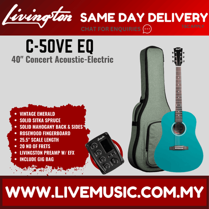 Livingston C-50 EQ 40" Full Solid Concert Acoustic-Electric Guitar, Rosewood FB - ( C50 C 50 )
