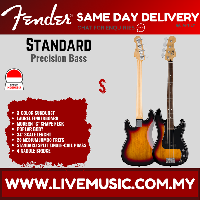 Fender Standard Precision Bass Guitar, Laurel FB, 3-Tone Sunburst / Black