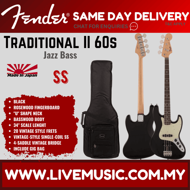 Fender Japan Traditional II 60s Jazz Bass Guitar, Rosewood Fretboard with FREE Gig Bag - Black