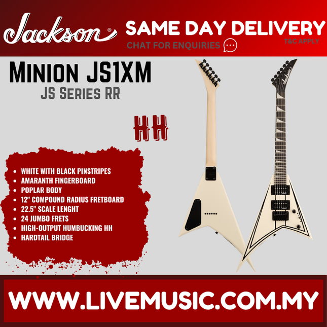Jackson JS Series RR Minion JS1XM Electric Guitar, Amaranth FB, Snow White w/Black Pinstripes ( JS-1XM / JS 1XM )