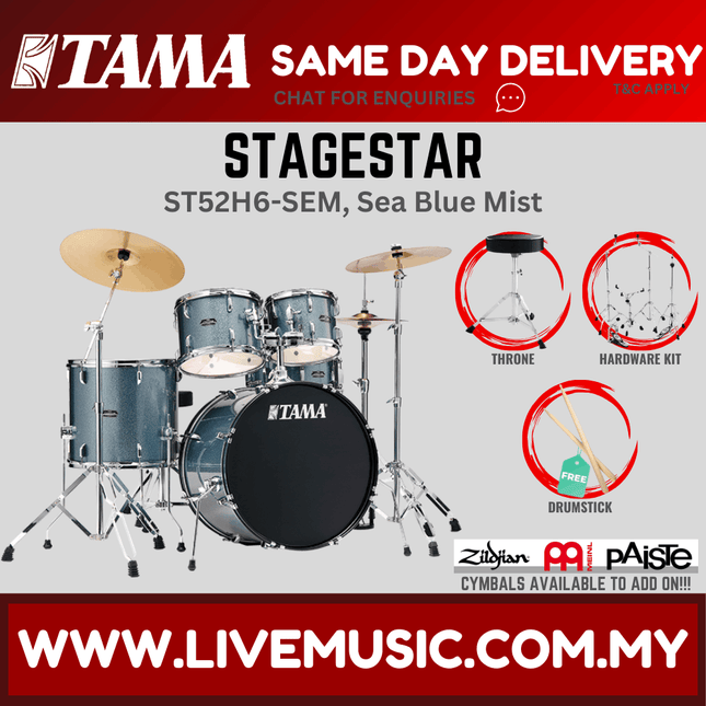 5-piece drum set with throne and drumsticks, sea blue mist sparkle shells