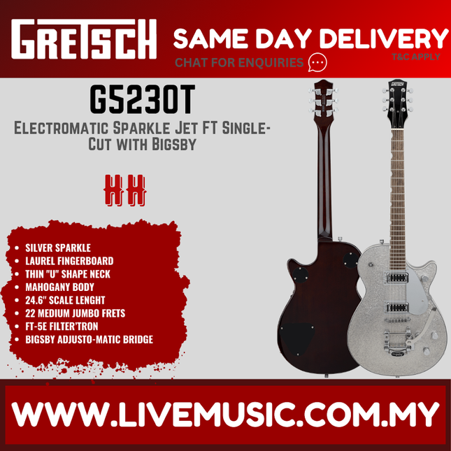 Gretsch G5230T Electromatic Sparkle Jet FT Single-Cut Guitar w/Bigsby, Laurel FB, Silver Sparkle