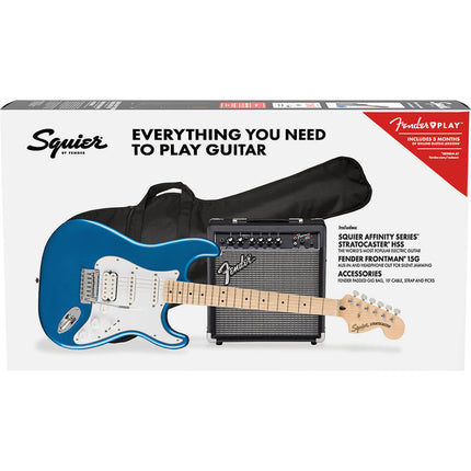 Squier Affinity Series HSS Stratocaster Guitar Pack with Frontman 15G , Maple Fretboard - Lake Placid Blue