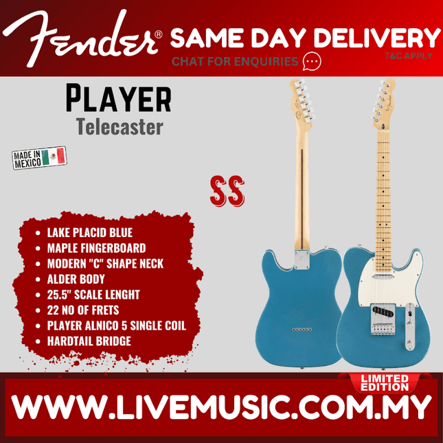 Fender Limited Edition Player Telecaster Electric Guitar, Maple FB, Lake Placid Blue