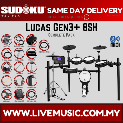 Sudoku Lucas 8S Gen3 Plus Series Full Mesh Electronic Drum w/Drumsticks, Headphone, Pedals ( Lucas-8s / Lucas8s )
