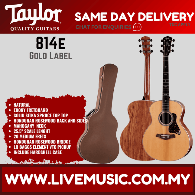 Natural acoustic-electric guitar with case, Taylor 814e Gold Label, front view