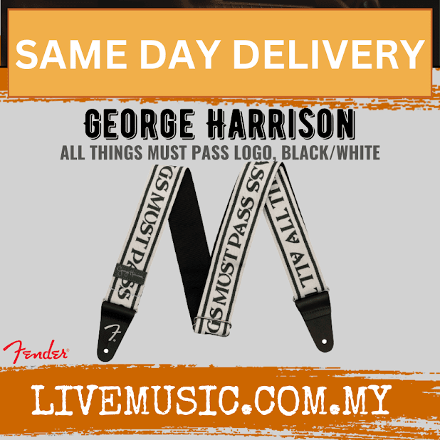 Black and white guitar strap with George Harrison All Things logo text and ends