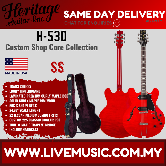 Heritage Custom Shop Core Collection H-530 Electric Guitar with Case, Trans Cherry ( H530 / H 530 )